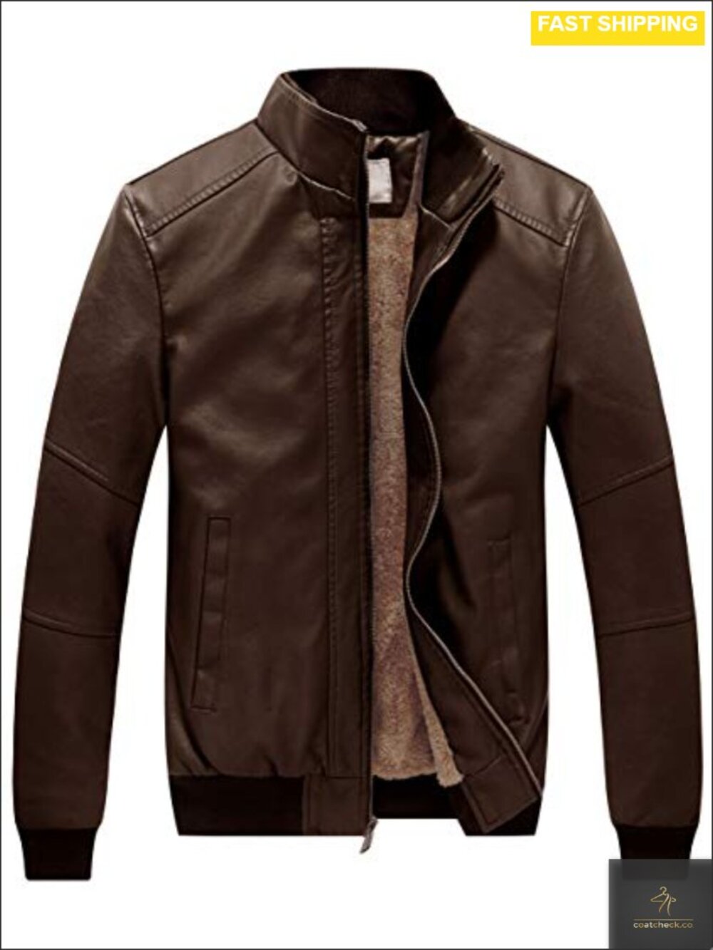 Faux Leather Fleece Lined Stand Collar Winter Jacket Warm Coat